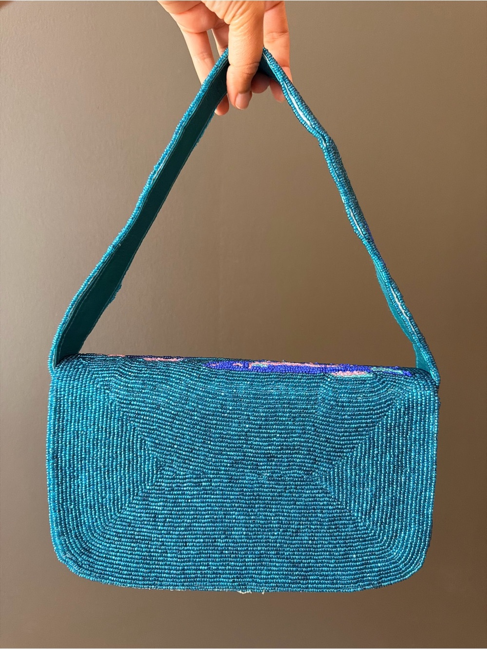 Hand-Beaded Fish Clutch in Teal with Multi-Color Fish Motif - Picture 7 of 8